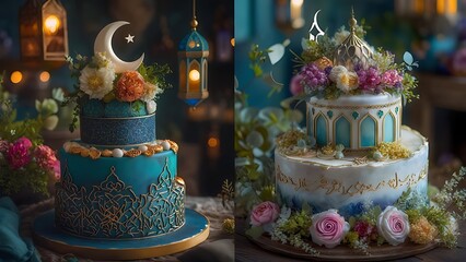 Fototapeta premium Two ornate multi-tiered cakes, adorned with floral arrangements and Islamic motifs, stand before blurred, festive lanterns