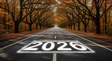 Open road stretching through an autumn forest avenue with 2026 text glowing on the asphalt, symbolizing the journey towards the new year and a future destination