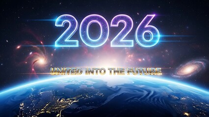 A vibrant depiction of earth from space showcases the year 2026 with a futuristic theme and inspiring message