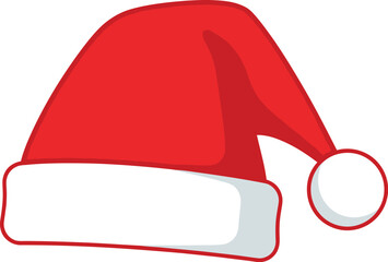 Classic red Santa hat with a white fluffy brim and pompom, isolated on white background