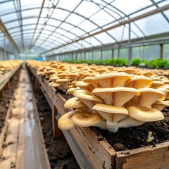 Oyster mushrooms cultivated on trays, filling a bright greenhouse with translucent ceiling