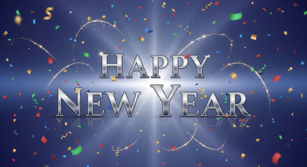 Happy New Year text in metallic silver with confetti and sparkling light trails on a blue background, perfect for holiday greetings and celebration graphics