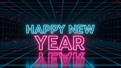 Happy New Year neon sign in vibrant pink and blue cyberpunk style on a dark background with a digital grid and futuristic glowing reflection