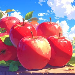 Pile of shiny red apples glistens in sunlight against a bright blue sky with fluffy clouds