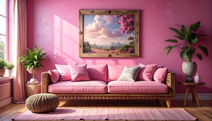 Pink room with sofa. Large painting of landscape hangs above pink sofa adorned with pillows. Plants add green