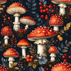 Pattern of red-capped mushrooms and berries on a dark floral background, creating a whimsical, autumnal illustration