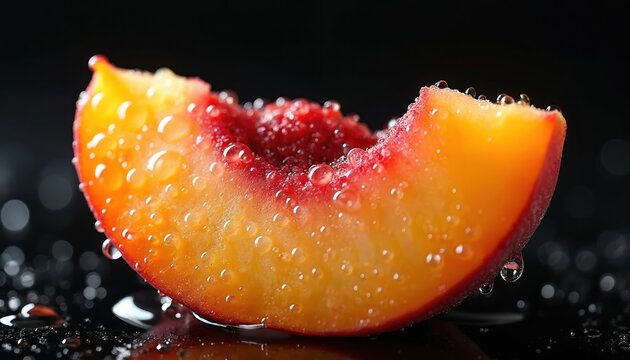 Juicy peach slice glistens with water drops against dark background, fresh texture, vibrant color. Ripe fruit slice, rich in vitamins, offers sweet, healthy snack for dietary culinary use.