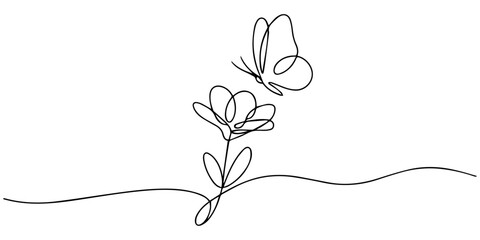 Flower with flying butterfly continuous line art drawing. Plumeria one line symbol. Vector illustration isolated on white, Continuous line butterfly art. Outline single art butterfly hand drawn sketch © Parboti