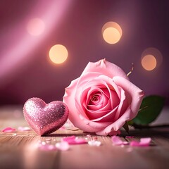 Pink rose and glitter heart on wood surface, with pink bokeh lights, dreamy and romantic