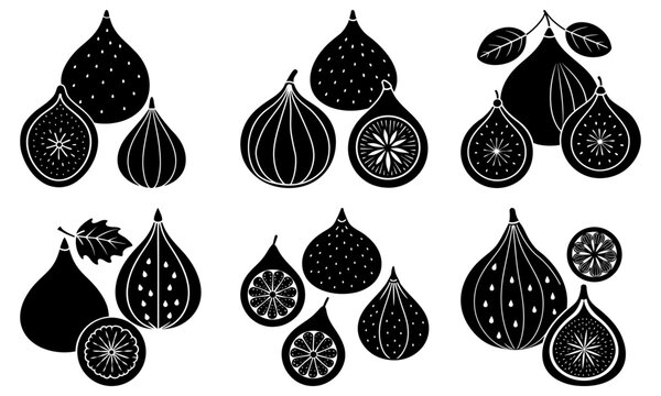 Black and white fig with leaves and cross-sections on transparent background fruit silhouette