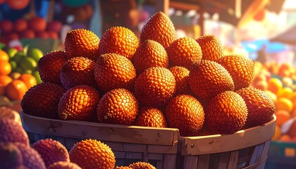 Pile of spiky, orange fruits in a woven basket at a vibrant outdoor market; soft lighting and background blur