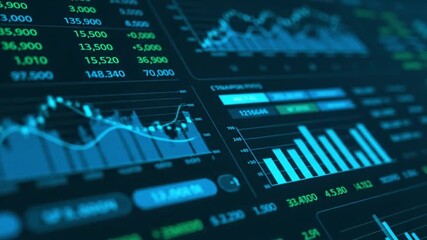 A complex digital display shows financial data with multiple charts, graphs, and numerical figures in various shades of blue and green, representing stock market analysis. - Powered by Adobe