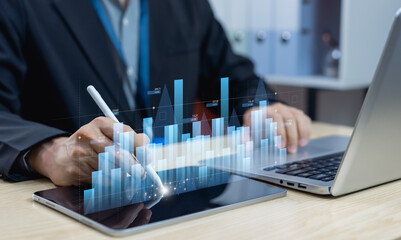 Businessman analyzing business on digital dashboard, monitor sale performance, global market trends, financial analytics, revenue growth strategy, corporate planning, economic data visualization.