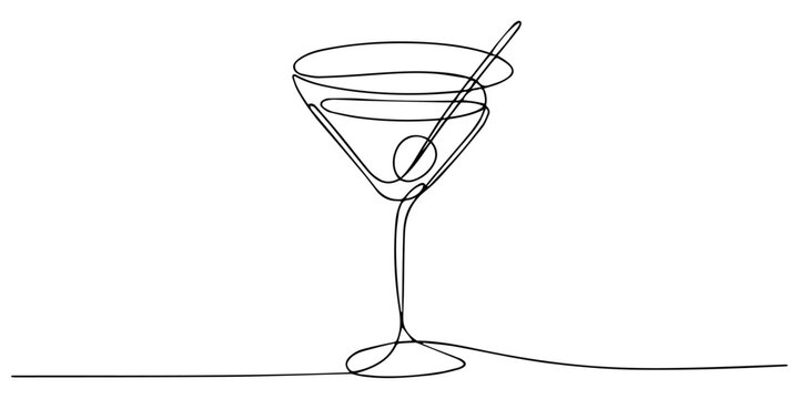 Continuous one line drawing of a martini glass with a straw on a white background vector illustration, Glass of cocktails in continuous one line drawing. Margarita toast and martini cup in simple line
