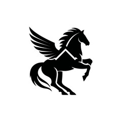 Black silhouette of a winged horse leaping against a clean white background
