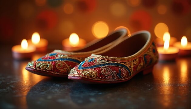 Embroidered flat shoes with beadwork sit near lit candles. Rich textiles and traditional patterns glow in warm, festive light. Elegant footwear awaits celebration.