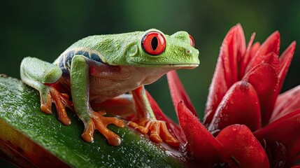 Vibrant Red-Eyed Tree Frog perched on a Lush Red Flower, showcasing its bright green skin and striking red eyes up close