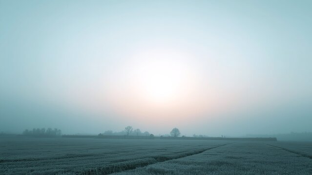 A serene landscape of a frosty field at sunrise with trees in the distance under a misty sky - Powered by Adobe