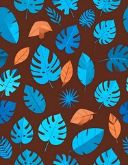 Pattern with stylized blue & orange tropical leaves on a brown background create a vibrant, organic, and repeating design