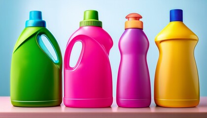 Brightly Colored Detergent Bottles With Pink Blue And Green Caps Showcase Their Appealing Design