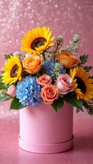 Fototapeta premium Pink box holds bright sunflower, rose, hydrangea bouquet. Decorative floral gift composition for parties celebrations. Elegant blooms arranged on sparkling rose background.