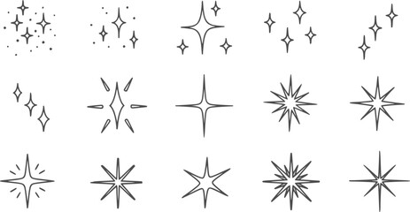 Hand drawn doodle sparkle and starburst icon set isolated on white background
