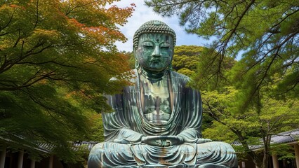A large bronze Buddha statue sitting serenely in a Japanese garden surrounded by trees