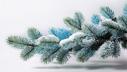 Close Up Of Snowy Blue Green Spruce Branch On White Background