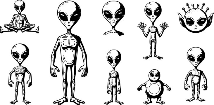 vector set of green aliens vector drawing
