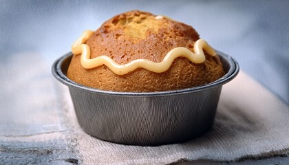 Simple Mini Cake Baked In A Tin Pan Vintage Icing Design Placed On Textured Background Generated Ai