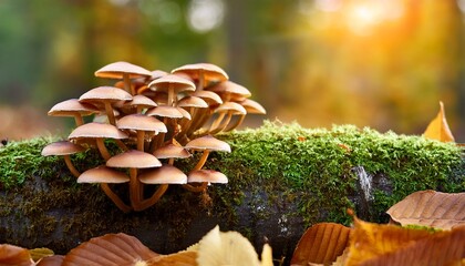 Cluster Of Wild Fungi Growing On A Moss Covered Log Surrounded By Brown Autumn Leaves
