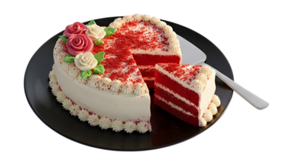 A delicious red velvet heart shaped cake slice with roses on transparent background