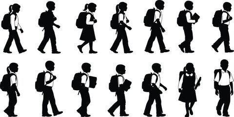 Obraz premium School children silhouettes, walking students, black vector icons, backpacks, education theme, youth movement, student clipart, school routine, silhouette set, academic journey