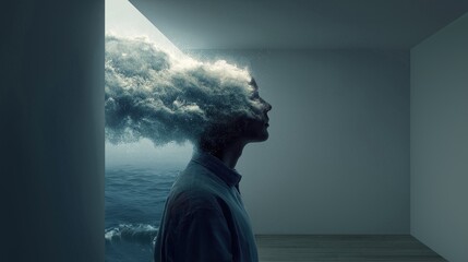 Man standing in a minimal interior space, seen in profile, with clouds and ocean emerging from his head, creating a surreal and contemplative atmosphere