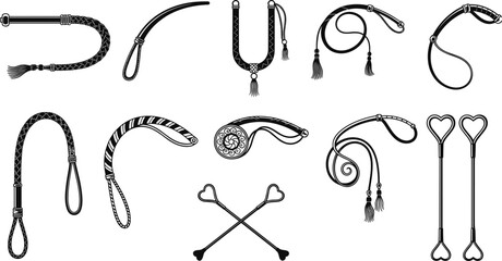   
Whip and paddle silhouettes, BDSM gear icons, fetish tools vector, black set, leather straps, heart paddles, silhouette pack, adult accessories, kink illustration, erotic implements