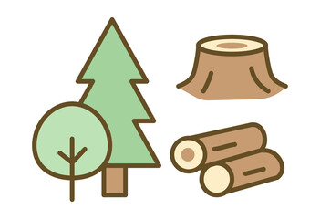 Forest Resources And Wood Utilization Icons Showing Trees, Logs And Tree Stumps For Forestry Industry, Sustainable Resource Management, Environmental Education And Lumber Production Concepts
