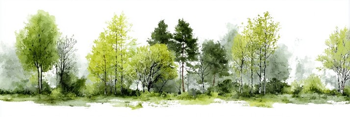 A row of lush green trees painted in watercolor, showcasing nature's beauty in a serene landscape.
