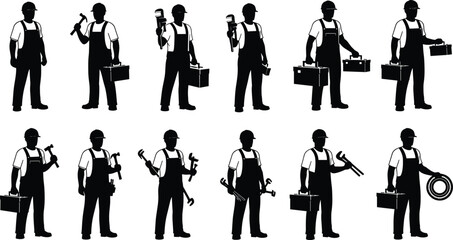 Worker silhouettes, tradespeople vector set, black icons, construction tools, mechanic poses, plumber gear, hard hat figures, silhouette pack, labor professions, tool handling