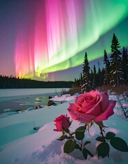 Pink rose contrasts with aurora borealis, snow, and evergreens, creating a striking and surreal landscape scene