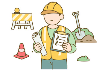 Construction Worker Checking Documents At Job Site With Safety Equipment For Site Management, Work Inspection, Infrastructure Development And Construction Safety Concepts