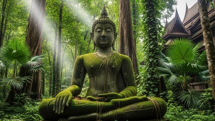 A serene Buddha statue sits in meditation amidst a lush green forest with ancient trees.