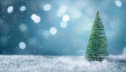 Minimal Merry Christmas Background With Green Spruce Tree Snow And Heavy Rain Lights On Blurred Blue Nature Scene