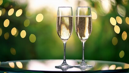 Two Filled Champagne Glasses On A Modern Glass Table Elegant Modern Style With Soft Bright Green Background Und Light Bokeh Horizontal Close Up