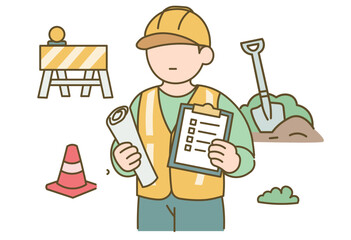 Construction Worker Checking Documents At Job Site With Safety Equipment For Site Management, Work Inspection, Infrastructure Development And Construction Safety Concepts
