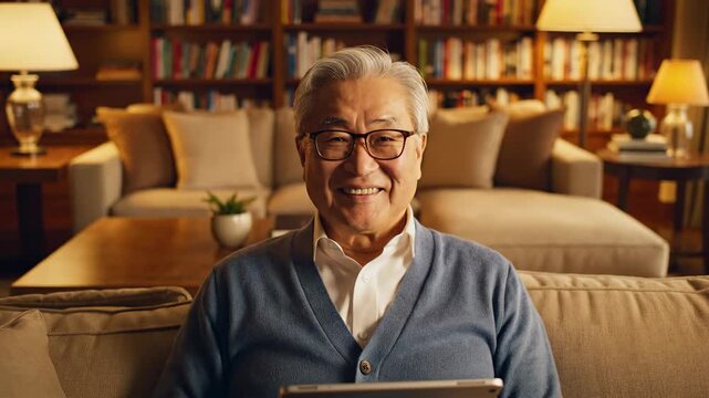 Smiling senior Asian man embracing modern technology with a digital tablet in his comfortable home, embodying wisdom and contentment in a cozy setting