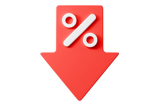 3d percentage down arrow icon. rate decrease concept. minimal cartoon interest loan deflation for banking app ui. isolated on white transparent background. 3d render.