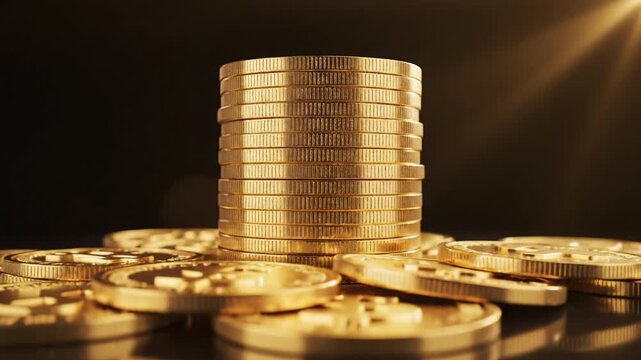 Gold coin stack shining reflective with warm light creating rich gold coin stack cryptocurrency coin gold token shiny metal coin investment reflecting surface close up studio lighting