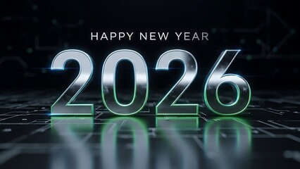 A futuristic depiction of the year 2026 with glowing neon numbers and a digital circuit board background