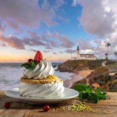 Pavlova dessert with a strawberry garnish atop a wood surface, with a blurred sunset ocean view