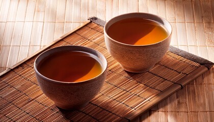 Two Ceramic Tea Cups With Warm Beverage On A Bamboo Placemat